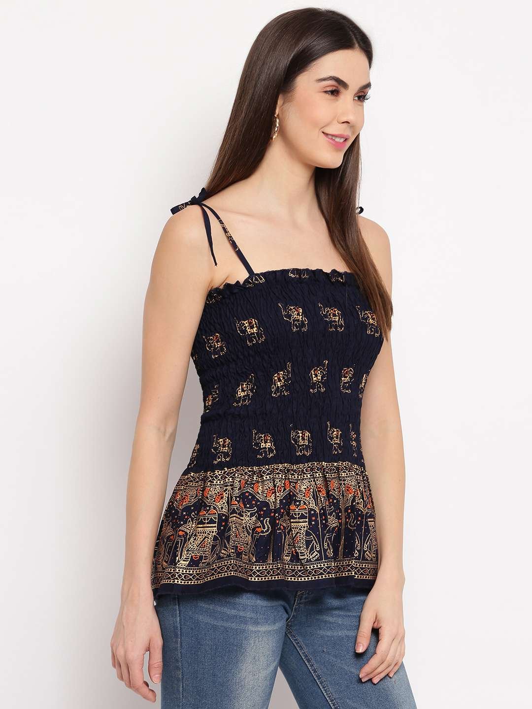 Women's Rayon Elephant Print Casual Summer Style Tie Shoulder Straps Free Size Tank Top ( Navy Blue1 Gold Pattern)